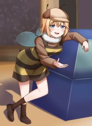 Rule 34 | 1girl, absurdres, alternate costume, antennae, bee costume, bee movie, black dress, blonde hair, blue eyes, blush, brown footwear, brown shirt, brown socks, deerstalker, dress, fur collar, hat, highres, hololive, hololive english, insect wings, jan azure, leaning, leaning on object, loafers, looking at viewer, medium hair, parody, shirt, shoes, smug, socks, striped clothes, striped dress, virtual youtuber, watson amelia, wings, yellow dress