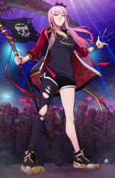 Rule 34 | crown, dolphin shorts, flag, highres, holding, holding scythe, hololive, hololive english, jacket, long hair, mori calliope, mx. moz, nail polish, pink hair, red eyes, scythe, shoes, shorts, single leg pantyhose, skeleton, skull print, snapping fingers, sneakers, tank top, tilted headwear, virtual youtuber