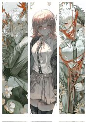 Rule 34 | 1girl, 2boys, backpack, bag, blush, breasts, brown hair, brown skirt, collared shirt, danganronpa (series), danganronpa 2: goodbye despair, flipped hair, galaga, hair ornament, highres, hinata hajime, hinata hajime (awakened), hood, jacket, komaeda nagito, ku (covin tan), long sleeves, looking at viewer, medium hair, multiple boys, nanami chiaki, neck ribbon, necktie, open clothes, open jacket, pants, pink eyes, pink ribbon, pleated skirt, pointing, pointing at viewer, ribbon, shirt, shirt tucked in, skirt, strap pull, thighhighs, two-tone shirt, white shirt