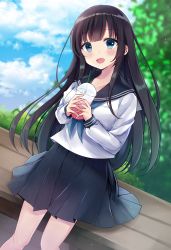 Rule 34 | 1girl, :d, bad id, bad pixiv id, black hair, black sailor collar, black skirt, blue eyes, blue neckerchief, blue sky, blurry, blurry background, blush, cloud, cloudy sky, commentary request, cup, day, depth of field, disposable cup, dutch angle, fang, head tilt, highres, holding, long hair, long sleeves, looking at viewer, minami saki, neckerchief, open mouth, original, outdoors, pleated skirt, sailor collar, school uniform, serafuku, shirt, sitting, skirt, sky, smile, solo, very long hair, white shirt