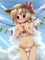 Rule 34 | 1girl, alternate headwear, bare shoulders, bikini, blonde hair, blush, covering privates, covering breasts, female focus, flandre scarlet, frilled bikini, frills, hat, hat ribbon, highres, kazura, looking at viewer, md5 mismatch, navel, red eyes, ribbon, short hair, side-tie bikini bottom, side ponytail, solo, strap slip, straw hat, swimsuit, tan, tanline, touhou, water, wings
