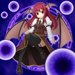 1girl bat_wings danmaku english_text fang female_focus full_body garter_straps head_wings koakuma magic_circle netachou red_eyes red_hair solo embodiment_of_scarlet_devil thighhighs touhou wings