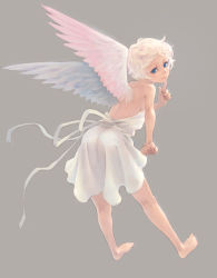 Rule 34 | angel, angel wings, back, barefoot, blonde hair, blue eyes, dress, feet, legs, original, short hair, simple background, smile, solo, weno, wings