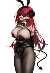 Rule 34 | 1girl, absurdres, animal ears, arms behind back, awaji, azur lane, ball gag, bdsm, black horns, black leotard, black pantyhose, blindfold, bondage, bound, bound arms, breasts, chinese commentary, cleavage, cowboy shot, crotch rope, curled horns, demon girl, demon horns, demon tail, fake animal ears, fine fabric emphasis, gag, gag harness, gagged, hair ornament, harness gag, highres, hindenburg (azur lane), hindenburg (delirious duel) (azur lane), horns, large breasts, leotard, long hair, looking at viewer, monoglove, official alternate costume, pantyhose, playboy bunny, rabbit ears, red hair, restrained, shibari, shibari over clothes, solo, standing, strapless, strapless leotard, tail, undersized breast cup, very long hair, wiffle gag