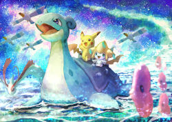 Rule 34 | :d, afloat, blurry, blurry foreground, commentary request, creatures (company), game freak, gen 1 pokemon, gen 3 pokemon, highres, hrm 1524, jirachi, lapras, legendary pokemon, luvdisc, milotic, mythical pokemon, nintendo, no humans, open mouth, outdoors, pikachu, pokemon, pokemon (creature), riding, riding pokemon, sky, smile, tongue, water, wingull