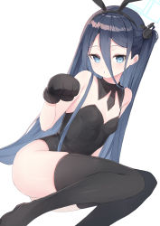 Rule 34 | 1girl, animal ears, animal hands, aris (blue archive), bad id, bad pixiv id, bare shoulders, black gloves, black leotard, black thighhighs, blue archive, blue eyes, blue hair, breasts, dark blue hair, fake animal ears, gloves, hair between eyes, leotard, long hair, long hair between eyes, looking at viewer, paw gloves, playboy bunny, rabbit ears, simple background, sitting, small breasts, solo, thighhighs, thighs, usamiusamimii, very long hair, white background