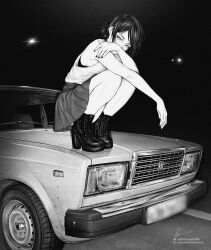 Rule 34 | 1girl, absurdres, bare arms, bare shoulders, boots, bra, bra peek, car, chainsaw man, covered mouth, dress, greyscale, hair bun, high heel boots, high heels, highres, instagram username, lada (car), looking at viewer, marvin (omarvin), medium hair, monochrome, motor vehicle, nail polish, on vehicle, pleated dress, reze (chainsaw man), shirt, signature, solo, squatting, t-shirt, twitter username, underwear, vaz-2105