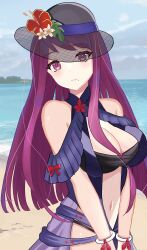 Rule 34 | 1girl, absurdres, bandeau, bare shoulders, black hat, blue one-piece swimsuit, blue sky, breasts, cleavage, cloud, commentary request, day, fire emblem, fire emblem engage, fire emblem heroes, flower, hat, hat flower, highres, ivy (fire emblem), large breasts, long hair, looking at viewer, n 54, navel, nintendo, ocean, official alternate costume, one-piece swimsuit, outdoors, purple eyes, purple hair, red flower, see-through, sky, solo, stomach, swimsuit, upper body, v arms, very long hair, water, white flower