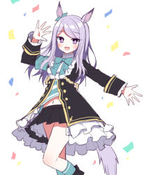 Rule 34 | 1girl, :d, animal ears, arm up, black jacket, black skirt, blue socks, blush, commentary, confetti, feet out of frame, frilled jacket, frilled sleeves, frills, horse ears, horse girl, horse tail, jacket, long sleeves, looking at viewer, mauve, mejiro mcqueen (umamusume), navel, open mouth, outstretched arm, pleated skirt, purple eyes, purple hair, simple background, skirt, smile, socks, solo, standing, standing on one leg, swept bangs, tail, umamusume, white background