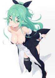 Rule 34 | 1girl, :o, absurdres, black footwear, black ribbon, black thighhighs, blush, breasts, collarbone, commentary request, from above, green hair, hair between eyes, hair ornament, hair ribbon, hairclip, highres, kantai collection, large breasts, long hair, looking at viewer, nipples, parted lips, pomerachi, ponytail, ribbon, shoes, simple background, solo, standing, thighhighs, white background, yamakaze (kancolle)