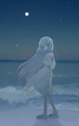 Rule 34 | 1girl, arms behind back, beach, blue eyes, blue hair, closed mouth, commentary request, dress, from side, full body, highres, indie virtual youtuber, long hair, looking at viewer, moon, night, night sky, ocean, outdoors, paid reward available, sandals, second-party source, sky, solo, somunia, standing, star (sky), starry sky, very long hair, virtual youtuber, water, waving, white dress, wind, yorunogumo