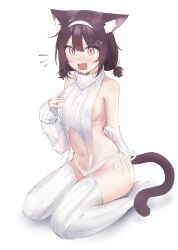 Rule 34 | 1girl, animal ear fluff, animal ears, aran sweater, backless dress, backless outfit, black hair, blush, cable knit, cat ears, cat girl, cat tail, drawstring, dress, fish hair ornament, hair between eyes, hair ornament, hairband, halterneck, highres, meme attire, naked sweater, navel, open mouth, original, oriyos, reo (oriyos), ribbed sweater, short hair, simple background, sitting, slit pupils, solo, sweater, sweater dress, tail, thighhighs, turtleneck, turtleneck sweater, virgin destroyer sweater, white background, white hairband, white thighhighs