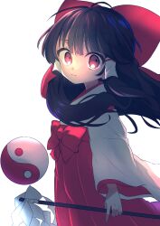 Rule 34 | 1girl, absurdres, black hair, bow, closed mouth, commentary request, cowboy shot, gohei, hair bow, hair tubes, hakama, hakurei reimu, hakurei reimu (pc-98), high-waist skirt, highres, holding, holding gohei, japanese clothes, long hair, long sleeves, looking at viewer, miko, natsu (tohotiara), orb, red bow, red eyes, red hakama, simple background, skirt, solo, touhou, touhou (pc-98), white background, yin yang, yin yang orb
