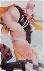 Rule 34 | 1girl, ass, barefoot, cellphone, censored, cleft of venus, feet, foot focus, foreshortening, guilty crown, long hair, mosaic censoring, no panties, phone, pink hair, pussy, qizhu, smartphone, smell, soles, solo, thighhighs, toes, torn clothes, yuzuriha inori