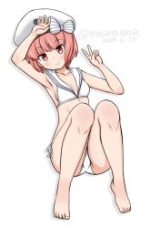 Rule 34 | 1girl, barefoot, bikini, brown eyes, brown hair, clothes writing, dated, full body, hat, kantai collection, looking at viewer, lying, masara (chuujou), sailor bikini, sailor collar, sailor hat, short hair, side-tie bikini bottom, simple background, solo, swimsuit, twitter username, v, white background, white bikini, white hat, white sailor collar, z3 max schultz (kancolle)