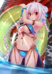 Rule 34 | 1girl, absurdres, arm up, bare shoulders, bikini, blue bikini, blush, braid, breasts, cleavage, closed mouth, commentary request, double bun, groin, hair between eyes, hair bun, hand up, highres, holding, holding swim ring, innertube, large breasts, long hair, looking at viewer, murasame shia, navel, original, red eyes, side-tie bikini bottom, silver hair, solo, standing, swim ring, swimsuit, transparent, twin braids, twintails, very long hair, wading, water, wet
