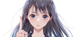 Rule 34 | 1girl, absurdres, blue eyes, blue reflection (series), blue reflection sun, blush, close-up, grey hair, highres, index finger raised, kasuga shiho, kishida mel, long hair, looking at viewer, parted lips, sailor collar, simple background, solo, white background