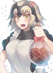 Rule 34 | 1girl, anger vein, apron, bad id, bad pixiv id, blonde hair, blush, bow, breasts, candy, chocolate, chocolate heart, english text, fate/grand order, fate (series), flying sweatdrops, food, g.t, gift bag, heart, helmet, incoming gift, jeanne d&#039;arc (fate), jeanne d&#039;arc alter (avenger) (fate), jeanne d&#039;arc alter (fate), large breasts, long hair, looking at viewer, red bow, solo, teeth, tsundere, yellow eyes