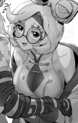 Rule 34 | 1boy, 1girl, absurdres, archaic set (zelda), arm grab, bare shoulders, blush, breasts, cleavage, glasses, gloves, greyscale, hair ornament, highres, large breasts, link, monochrome, naughty face, nintendo, niwarhythm, official alternate costume, official alternate hairstyle, open mouth, purah, round eyewear, seductive smile, sheikah, smile, the legend of zelda, the legend of zelda: tears of the kingdom