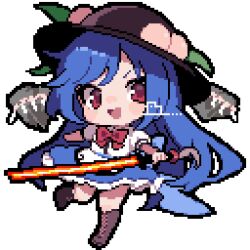 Rule 34 | 1girl, :d, ahiru tokotoko, black headwear, blue hair, bow, bowtie, brown footwear, chibi, commentary request, food, fruit, full body, highres, hinanawi tenshi, holding, holding sword, holding weapon, keystone, leaf, looking at viewer, open mouth, peach, peach hat ornament, pixel art, red bow, red bowtie, red eyes, shirt, short hair, short sleeves, simple background, smile, solo, sword, sword of hisou, touhou, weapon, white background, white shirt