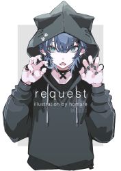 Rule 34 | 1boy, absurdres, animal hood, black choker, black hole, blue eyes, blue hair, cat hood, choker, claw pose, commentary request, commission, drawstring, grey background, hands up, highres, homare eramoh, hood, hood up, jewelry, looking at viewer, male focus, nail polish, open mouth, original, paw print, ring, sharp teeth, short hair, skeb commission, solo, teeth, two-tone background, upper body, white background