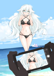 Rule 34 | 1girl, bad id, bad pixiv id, bare shoulders, beach, bikini, black bikini, black heart (neptunia), blue eyes, blush, breasts, cleavage, day, halterneck, highres, large breasts, long hair, looking at viewer, navel, neptune (series), noire (neptunia), o-ring, o-ring bikini, ocean, outdoors, power symbol-shaped pupils, purerin, solo, solo focus, standing, swimsuit, symbol-shaped pupils, very long hair, white hair