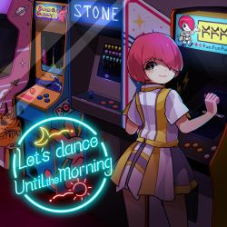 Rule 34 | 1girl, arcade, arcade cabinet, crescent moon, english text, from behind, hair over one eye, hakuro96, hand up, highres, looking at viewer, looking back, moon, original, planet, playing games, red hair, saturn (planet), short hair, sign, smile, solo, sun, video game, waves