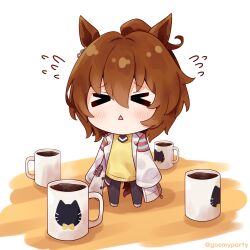 Rule 34 | &gt; &lt;, 1girl, agnes tachyon (umamusume), ahoge, animal ears, black necktie, blush, brown hair, chibi, coffee cup, cup, disposable cup, flying sweatdrops, goom (goomyparty), highres, horse ears, horse girl, horse tail, lab coat, necktie, short necktie, sleeves past fingers, sleeves past wrists, solo, standing, steam, sweater, tail, triangle mouth, twitter username, umamusume, yellow sweater