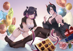 Rule 34 | 2girls, absurdres, all fours, azur lane, balloon, black garter straps, black hair, black nightgown, black thighhighs, box, box of chocolates, breasts, camisole, candy, chocolate, chocolate heart, cleavage, detached sleeves, flower, food, frills, from side, full body, garter straps, gift, gift box, hair horns, hair over one eye, haruniji, heart, highres, horns, jervis (azur lane), large breasts, mechanical horns, medium breasts, medium hair, multicolored hair, multiple girls, nightgown, panties, pink flower, pink rose, purple eyes, purple hair, purple ribbon, red horns, ribbon, rose, short sleeves, sitting, streaked hair, thighhighs, two-tone hair, ulrich von hutten (azur lane), underwear, white camisole, white hair, white panties, yellow eyes