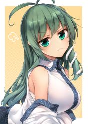 Rule 34 | 1girl, antenna hair, border, breasts, closed mouth, collared shirt, detached sleeves, frog hair ornament, green eyes, green hair, hair ornament, highres, kochiya sanae, large breasts, long hair, looking at viewer, midori (misuriru8), nontraditional miko, pout, shirt, snake hair ornament, solo, touhou, upper body, v-shaped eyebrows, white border, white shirt, wide sleeves, yellow background
