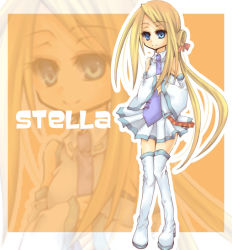 Rule 34 | bare shoulders, blonde hair, blue eyes, boots, breasts, character name, detached sleeves, long hair, necktie, skirt, stella telmes, tales of (series), tales of legendia, thigh boots, thighhighs, very long hair