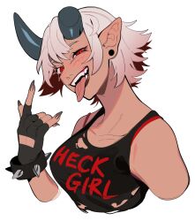 Rule 34 | 1girl, \m/, absurdres, black shirt, bracelet, breasts, broken horns, collarbone, copyright request, cropped torso, earrings, english text, fangs, fingerless gloves, fingernails, gloves, grey hair, highres, jewelry, large breasts, long tongue, multicolored hair, pointy ears, porqueloin, red eyes, red hair, sharp fingernails, shirt, solo, spiked bracelet, spikes, teeth, tongue, torn clothes, torn shirt, two-tone hair