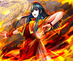 Rule 34 | 1girl, armpits, blue eyes, blue hair, bracelet, capelet, cloud, cloudy sky, commentary request, delsaber, eyelashes, feet out of frame, fire, fire emblem, fire emblem: the binding blade, hair blowing, jewelry, lilina (fire emblem), long hair, looking at viewer, magic, magic circle, nintendo, open mouth, outstretched arm, red headwear, red shirt, shirt, short sleeves, sidelocks, skirt, sky, sleeveless, sleeveless shirt, solo, vambraces, white skirt