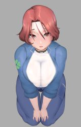 Rule 34 | 1girl, blush, bodysuit, breasts, closed mouth, collar, fortune (last origin), hands on own knees, highres, kneeling, large breasts, last origin, looking at viewer, moebell, open clothes, pants, parted bangs, red eyes, red hair, shirt, short hair, solo, sweat, white shirt