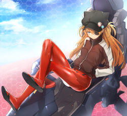 Rule 34 | 10s, 1girl, absurdres, animal hat, badge, blue eyes, bodysuit, closed mouth, evangelion: 3.0 you can (not) redo, eyepatch, full body, hands in pockets, hat, hieung, highres, jacket, crossed legs, long hair, looking at viewer, neon genesis evangelion, one eye covered, orange hair, pilot suit, plugsuit, rebuild of evangelion, red bodysuit, scowl, skin tight, solo, souryuu asuka langley, track jacket, zipper