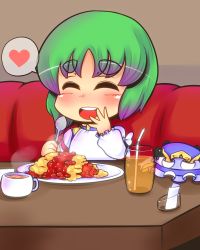 Rule 34 | 1girl, bad id, bad pixiv id, blush, chibi, cup, doku corne, drinking glass, drinking straw, eyebrows, closed eyes, female focus, food, green hair, hand on own cheek, hand on own face, hat, unworn hat, unworn headwear, heart, highres, open mouth, plate, shiki eiki, smile, solo, spoken heart, spoon, touhou