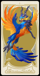 Rule 34 | absurdres, animal focus, antelope horns, beak, bird tail, bird wings, black border, black horns, border, card (medium), character name, claws, feathered wings, full body, green background, griffin, highres, horizontal pupils, horns, looking at viewer, monster, no humans, open mouth, original, rounded corners, scales, signature, solo, tail, wings, yamamura le, yellow eyes