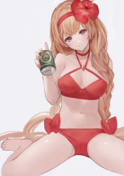 Rule 34 | 1girl, anouetto, athena (granblue fantasy), bad id, bad pixiv id, bare shoulders, bikini, blonde hair, blush, braid, breasts, can, cleavage, collarbone, flower, granblue fantasy, hair flower, hair ornament, hairband, highres, long hair, looking at viewer, medium breasts, nail polish, navel, parted lips, purple eyes, red bikini, sitting, swimsuit, thighs, twin braids, very long hair, wariza, wet