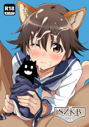 Rule 34 | animal ear fluff, animal ears, blue background, blush, brown hair, cat ears, censored, closed mouth, clothed female nude male, cum, cum on hair, ejaculation, facial, handjob, handjob with panties, hetero, highres, long sleeves, looking at viewer, miyafuji yoshika, novelty censor, nude, panties, panties on penis, pov, sailor collar, school uniform, serafuku, short hair, simple background, solo focus, strike witches, tobiume sayu, underwear, wince, world witches series