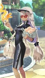 Rule 34 | 1girl, altera (fate), altera (traveling outfit) (fate), babe (fate), bag, black dress, black ribbon, breasts, candy, commentary request, craft essence (fate), dark-skinned female, dark skin, day, dragon, dress, duffel bag, fate/grand order, fate (series), food, fountain, grocery bag, hair ribbon, heroic spirit traveling outfit, huke, lollipop, long hair, looking over eyewear, looking over glasses, low-tied long hair, mouth hold, nail polish, official art, outdoors, red-framed eyewear, red-tinted eyewear, red-tinted glasses, red eyes, ribbon, shopping bag, small breasts, solo, sunglasses, tattoo, tinted eyewear, visor cap, white hair