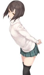 Rule 34 | 10s, 1girl, arms behind back, black thighhighs, brown eyes, brown hair, green skirt, kantai collection, leaning forward, looking at viewer, plaid, plaid skirt, pleated skirt, ribbed sweater, rokuwata tomoe, short hair, simple background, skirt, solo, sweater, taihou (kancolle), thighhighs, turtleneck, turtleneck sweater, white background, zettai ryouiki