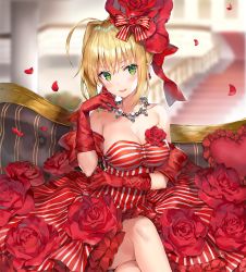 Rule 34 | 10s, 1girl, :d, ahoge, bare shoulders, blonde hair, blurry, blurry background, blush, bow, breasts, cleavage, collarbone, commentary request, couch, depth of field, dress, earrings, elbow gloves, fate/extra, fate (series), flower, flower earrings, gloves, green eyes, hair between eyes, hair bow, hand up, head tilt, indoors, jewelry, looking at viewer, md5 mismatch, medium breasts, momoko (momopoco), necklace, nero claudius (fate), nero claudius (fate) (all), nero claudius (fate/extra), official alternate costume, on couch, open mouth, petals, railing, red bow, red dress, red flower, red gloves, red rose, resolution mismatch, rose, rose petals, sidelocks, sitting, smile, solo, source larger, stairs, strapless, strapless dress, striped bow, striped clothes, striped dress