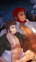 Rule 34 | 2boys, absurdres, alternate costume, bara, beard, black jacket, blue eyes, brown hair, casual, couple, craft essence (fate), cross scar, dark-skinned male, dark skin, facial hair, fate/grand order, fate (series), goatee, highres, iskandar (fate), jacket, loboke, long sideburns, male focus, mature male, multiple boys, muscular, muscular male, napoleon bonaparte (fate), night, night sky, open clothes, open jacket, pectoral cleavage, pectorals, revision, scar, scar on chest, shirt, sideburns, sky, smile, spiked hair, tree, white shirt