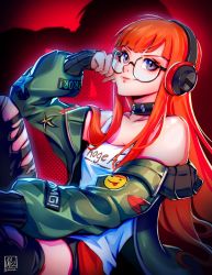 Rule 34 | 1girl, alina l, bare shoulders, black-framed eyewear, black choker, blunt bangs, choker, closed mouth, collarbone, commentary, english commentary, glasses, green jacket, headphones, highres, jacket, looking at viewer, off shoulder, official alternate costume, open clothes, open jacket, orange hair, persona, persona 5, persona 5: dancing star night, persona dancing, purple eyes, sakura futaba, shirt, signature, sleeveless, sleeveless shirt, smile, solo, straight hair, studded choker, torn clothes, torn legwear, twitter username, white shirt