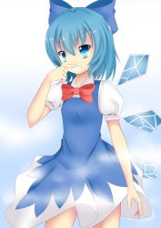 Rule 34 | &gt;:d, 1girl, :d, blue eyes, blue hair, bow, bowtie, cirno, collared shirt, cowboy shot, dress, fog, grin, hair bow, ice, ice wings, kyouran, large bow, matching hair/eyes, open mouth, shirt, short hair, smile, solo, touhou, tsurime, v-shaped eyebrows, wings, wiping nose