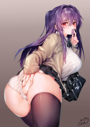 Rule 34 | 1girl, ass, bag, beige cardigan, black skirt, black thighhighs, blush, breasts, cardigan, condom, covered mouth, gradient background, hair between eyes, hand on own ass, highres, holding, holding condom, large breasts, long hair, long sleeves, looking at viewer, looking back, obiwan, open cardigan, open clothes, original, panties, plaid, plaid skirt, pleated skirt, purple hair, red eyes, school bag, school uniform, shirt, sidelocks, signature, simple background, skindentation, skirt, sleeves past wrists, solo, thighhighs, underwear, uniform, white panties, white shirt