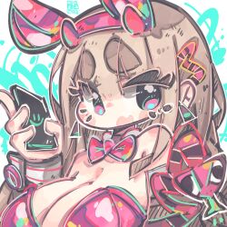 Rule 34 | 1girl, animal ears, bare shoulders, bowtie, breasts, cellphone, chibi, cleavage, detached collar, fake animal ears, goddess of victory: nikke, highleg, highleg leotard, holding, holding phone, horns, jrpencil, large breasts, leotard, light brown hair, long hair, looking at viewer, official alternate costume, phone, pink bow, pink bowtie, pink eyes, pink horns, pink leotard, playboy bunny, rabbit ears, signature, smartphone, solo, strapless, strapless leotard, viper (nikke), viper (toxic rabbit) (nikke), wrist cuffs