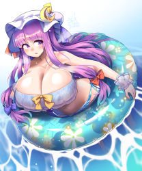 Rule 34 | 1girl, bikini, breasts, cleavage, crescent, crescent hat ornament, curvy, hat ornament, highres, huge breasts, long hair, open mouth, patchouli knowledge, purple eyes, purple hair, solo, strapless, strapless bikini, swimsuit, touhou, umigarasu (kitsune1963), very long hair, wide hips