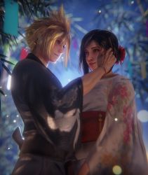 Rule 34 | 1boy, 1girl, 3d, absurdres, bamboo, black hair, blonde hair, blue eyes, cloud strife, couple, final fantasy, final fantasy vii, final fantasy vii remake, flower, hair flower, hair ornament, hand on another&#039;s face, highres, japanese clothes, kimono, long hair, looking at another, red eyes, red lips, ria-neearts, spiked hair, square enix, tanabata, tifa lockhart, upper body, yukata