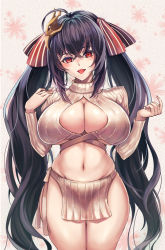 Rule 34 | 1girl, :d, ahoge, alternate costume, azur lane, black hair, blush, breasts, cleavage, commentary request, cowboy shot, crop top, crossed bangs, evolved virgin killer sweater, floral background, groin, hair between eyes, hair ribbon, hands up, head tilt, large breasts, long hair, long sleeves, looking at viewer, mask, mask on head, meme attire, midriff, navel, open mouth, pelvic curtain, red eyes, ribbon, ryo (sora-ryu), sidelocks, smile, solo, standing, sweater, taihou (azur lane), twintails, very long hair, white sweater